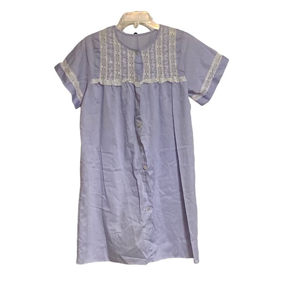 Vintage Lavender Short-Sleeve Lace Trim Button-Front Nightgown Dress Size Large - Picture 1 of 3